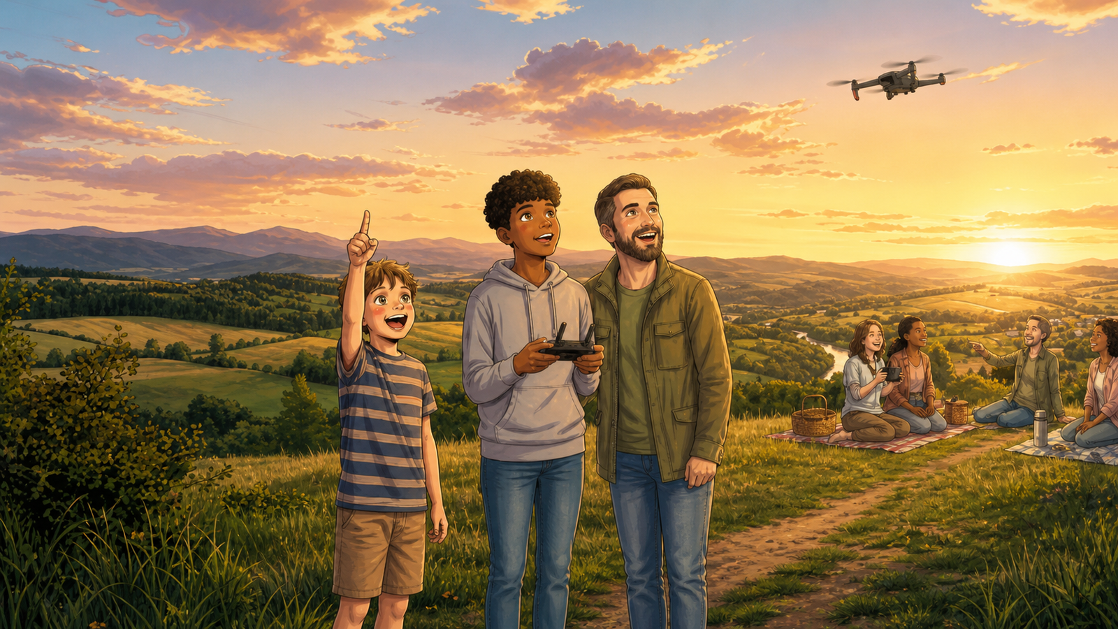 Amigos observando um drone sobre uma paisagem ao pôr do sol